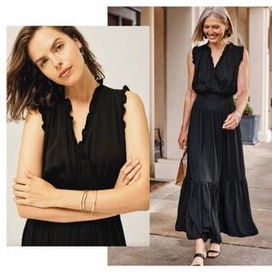 J. JILL Sleeveless Smocked-Waist Ruffled Sateen Maxi Dress Black Size S